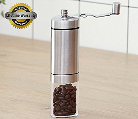 Stainless Steel Coffee Grinder Hand Mill Adjustable Ceramic Conical Burr Mill with Antislip Triangle Pole Design and Foldable Handle Convenient to Carry 90-day Full Refound Guarantee