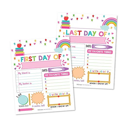 10 Pink First and Last Day of School Interview Signs, Back to School Photo Booth Prop Color White, 1st Preschool, Kindergarten, Pre K Grade Reusable Reversible Girl Boy Kid Child Year 8x10 Card Stock