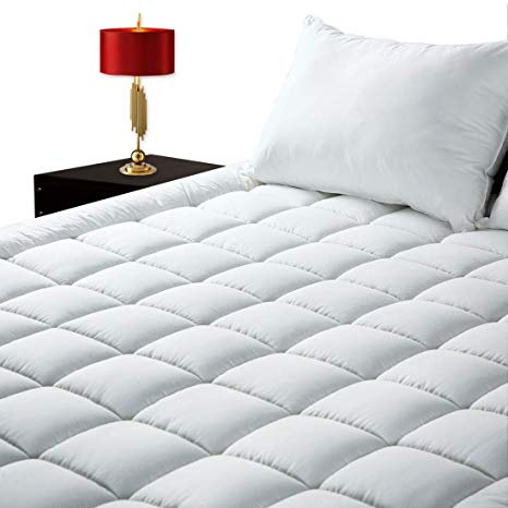 GOPOONY Queen Mattress Pad Cover Quilted Cooling Mattress Padding Topper 400 TC Cotton Top Deep Pocket 8"-21" Fitted Pillow Top Protector (White, Queen)