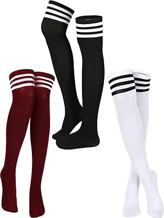 SATINIOR 3 Pairs Knee High Socks Thigh High Socks Triple Stripe over the Knee Socks Long Opaque Thigh High Stockings