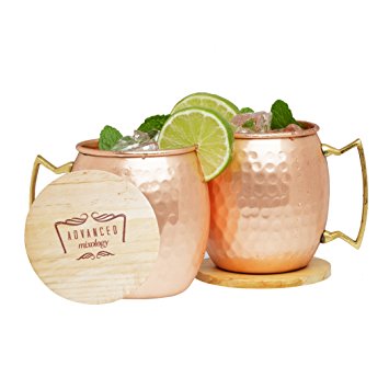 Advanced Mixology Moscow Mule 100% Pure Copper Mugs (Set of 2)- 16 Ounce with 2 Artisan Hand Crafted Wooden Coasters-Barrel
