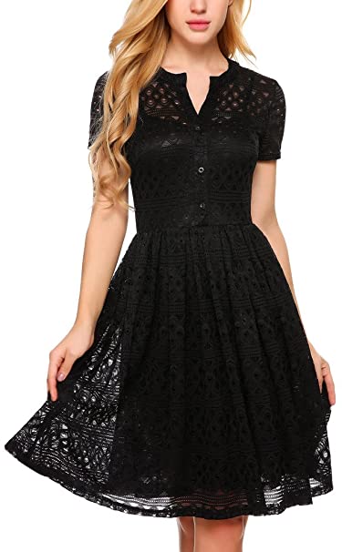 Zeagoo Women's Collared Solid Short Sleeve Knee Fit-and-Flare Dress, Black, Small