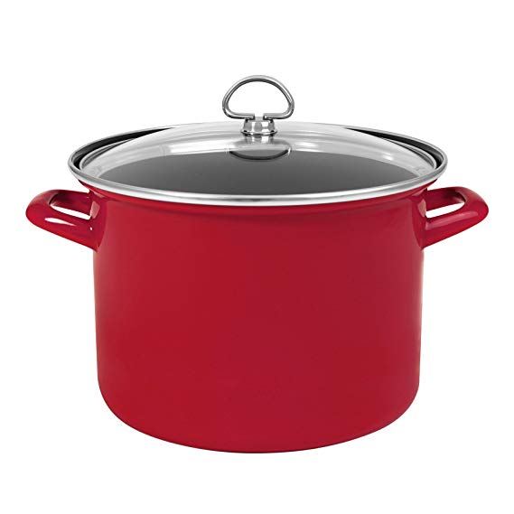Chantal Enamel-On-Steel 8-Quart Stockpot with Tempered Glass Lid, Chili Red