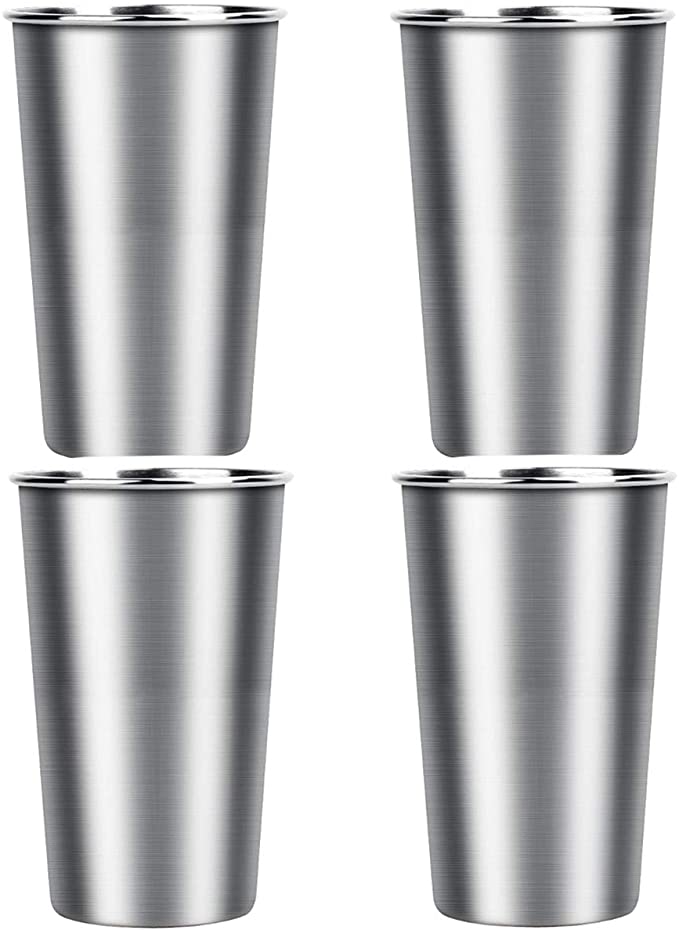 Bisgear Stainless Steel Cups - 4 Pack 16 Ounces Tumbler Glasses BPA Free Healthy Travel Mug with Carrying Sleeve Pouch & Carabiner for Home, Camping, Picnic, Hiking & Backpacking