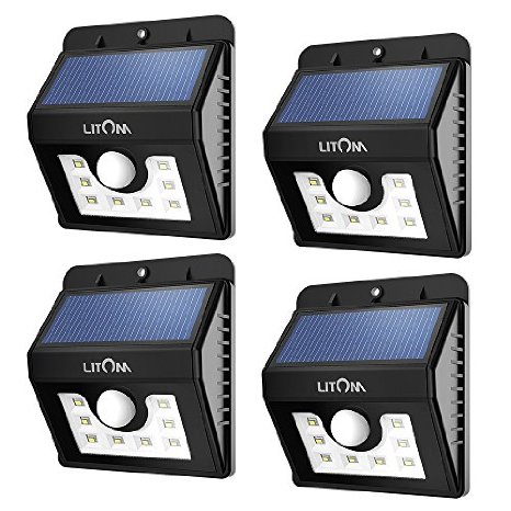 Litom Super Bright 8 LED Solar Powered Wireless Security Motion Sensor Light with 3 Modes,Wireless Exterior Security Lighting (4 Pack)