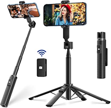 Selfie Stick Tripod Kimwood Phone Tripod with Ultra Sturdy Quadripod Design, Up to 40" Extendable Selfie Stick with Remote Bluetooth for iPhone and All Cell Phone, Compact Lightweight