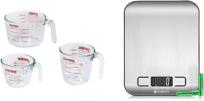 Pyrex 3 Piece Glass Measuring Cup Set & Etekcity Food Kitchen Scale, Digital Grams and Ounces for Weight Loss, Baking, Cooking, Keto and Meal Prep, Small, 304 Stainless Steel