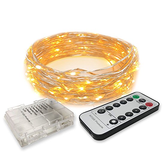 RTGS 30 Warm White Color LED String Lights Battery Operated on 10 Feet Long Silver Color Wire, Indoor and Outdoor with Waterproof Battery Box and Timer (Warm White Remote Control)