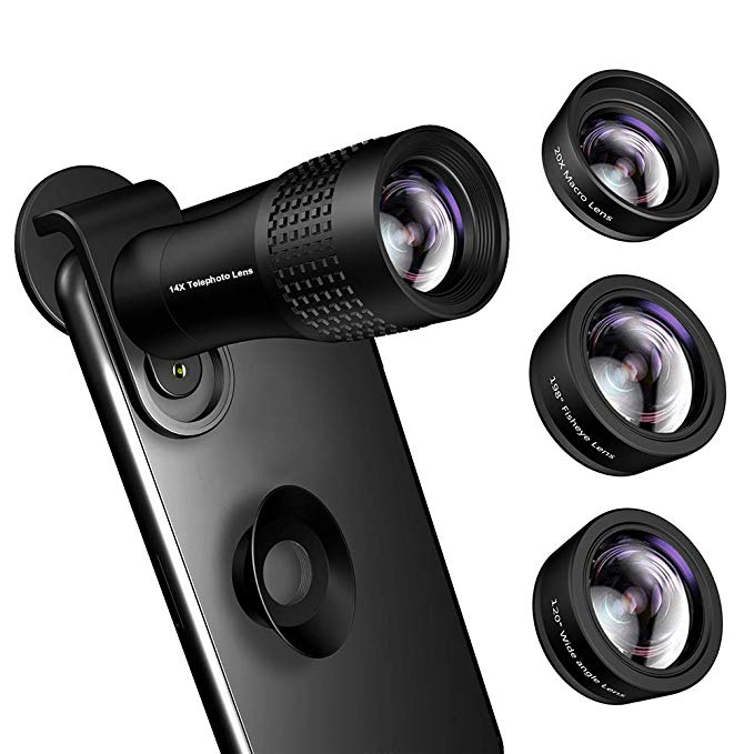 Phone Camera Lens,Kaiess 4 in 1 Cell Phone Lens Kit - 14X Zoom Telephoto Lens   120° Super Wide Angle   Upgraded 20x Macro Lens   Fisheye Lens Compatible with iPhone X XS Max XR/8/7/6 Samsung Andriod