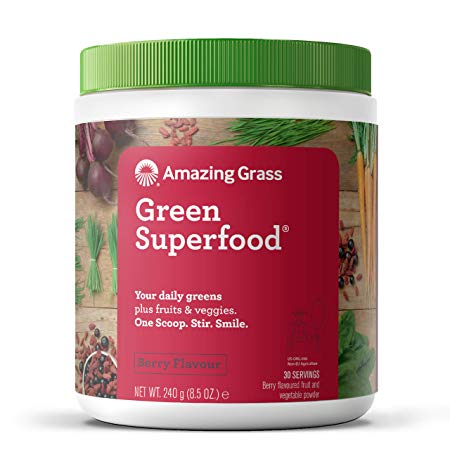 Amazing Grass Green Superfood: 7 Super Greens Powder, 2 servings of Fruits & Vegetables per scoop, Berry Flavour, 30 Servings