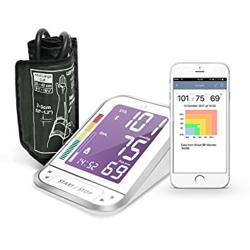 1byone Bluetooth Digital Blood Pressure Monitor with Large Easy-to-Read Backlit LCD Machine, One Size Fits All Upper Arm Cuff, Free Mobile App, Sphygmomanometer Nylon Storage Case, White