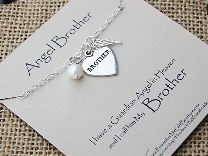 Memorial Jewelry, Loss of Brother Necklace, Sterling Silver Heart Brother Pendant, Angel Wing, Sympathy Gift