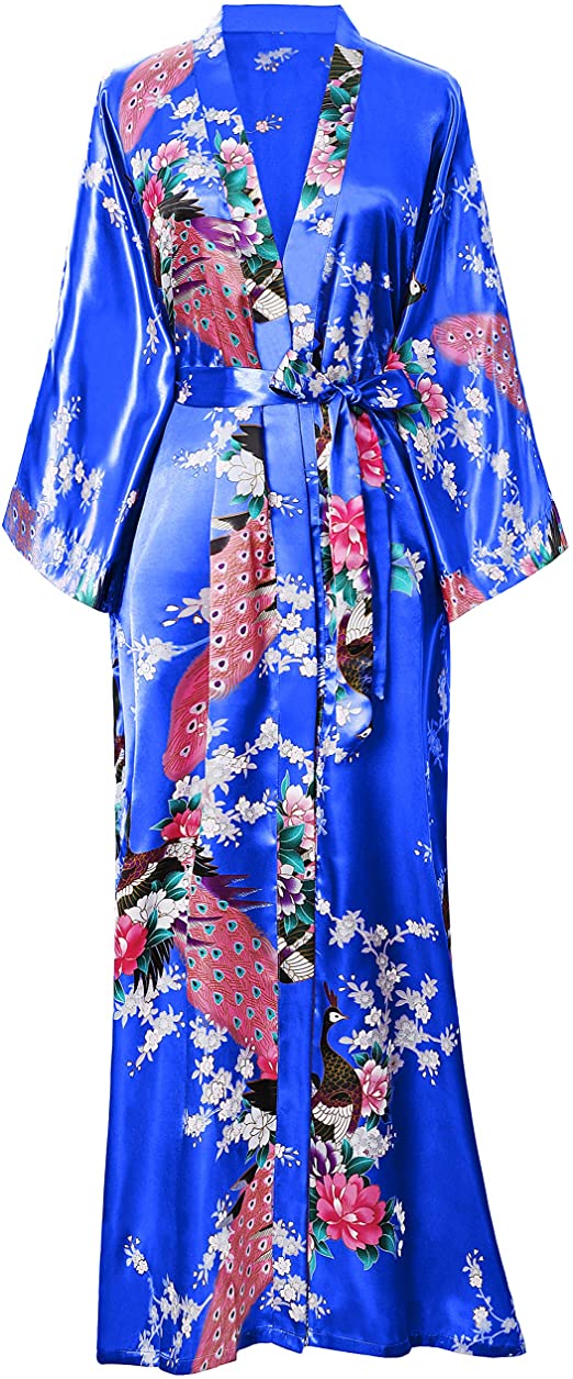 BABEYOND Women's Kimono Robe Long Robes with Peacock and Blossoms Printed Kimono Nightgown