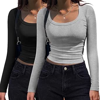 Zeagoo Womens's 2 Pack Long Sleeve Square Neck Shirts Casual Slim Fit Rib Knit Basic Tee 2024 Fall Stretch Undershirt