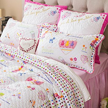 Brandream White and Pink Girls Comforter Set Kids Cartoon Bed Quilt Set Full Size