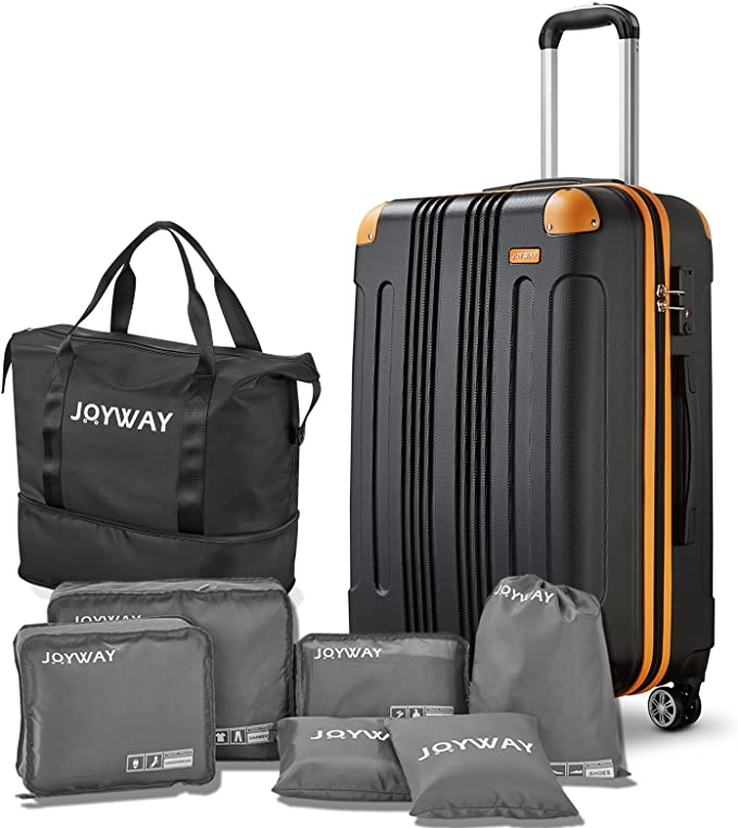 Joyway Luggage Suitcase, 8 PCS Luggage with Spinner Wheels ,Suitcase with TSA Lock, Hardside Luggage (24", Black/Orange)