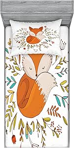 Ambesonne Cartoon Fitted Sheet & Pillow Sham Set Fox Sleeping in a Floral Made Bed Circle Art Print Home Acdent Digital Printed 2 Piece Bedding Decorative Set for Home and Dorm Room, Twin, Dark Orange