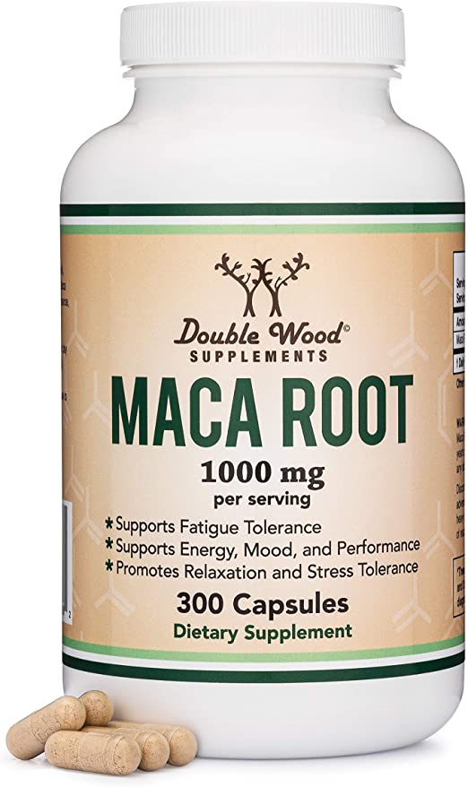 Maca Root Capsules (Black, Red, Yellow Maca Powder - 1,000mg per Serving) 300 Count for Men and Women. Grown in Peru (for Energy, Mood, Performance) Vegan, Made in USA by Double Wood Supplements