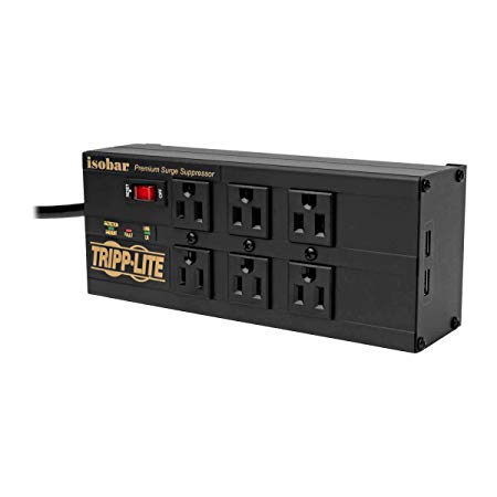 TRIPP LITE Isobar 6 Outlet Surge Protector Power Strip with 2 USB Charging Ports, 10ft Long Cord, Right-Angle Plug, Metal, 3840 Joules, Lifetime Limited Warranty & $50K Insurance (IBAR6ULTRAUSBB)