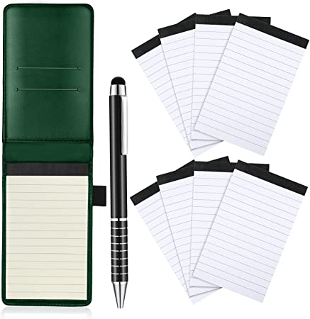 10 Pieces Mini Pocket Notepad Holder Set, Included Mini Pocket Notepad Holder with 50 Lined Sheets, Metal Pen and 8 Pieces 3 x 5 Inch Memo Book Refills, 30 Lined Paper Per Note (Green)