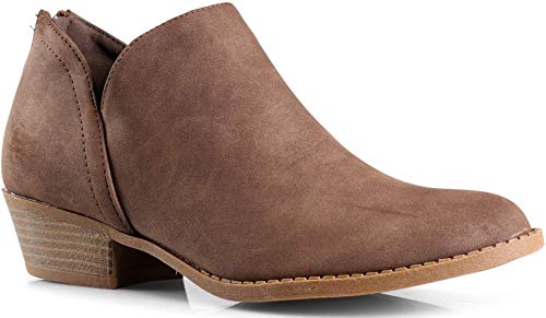 Women's Madeline Western Almond Round Toe Slip on Bootie - Low Stack Heel - Zip Up - Casual Ankle Boot