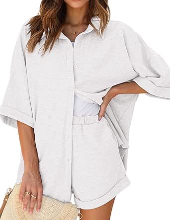 Ekouaer Waffle Knit Lounge Sets for Women Short Sleeve Pajamas Button Down Pjs Oversized Loungewear Shorts Set