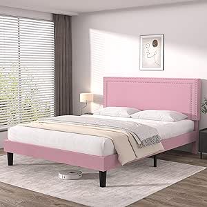 VECELO Queen Size Platform Bed Frame with Height Adjustable Upholstered Headboard, Modern Mattress Foundation,Strong Wood Slat Support, No Box Spring Needed, Easy Assembly