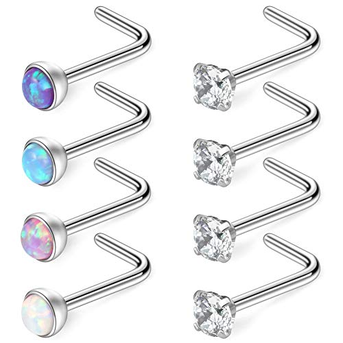 Ruifan 18G 316L Surgical Steel 1.5mm 2mm 2.5mm 3mm Jeweled Opal & Clear CZ Nose L-Shaped Rings Studs Ring Body Piercing Jewelry 8PCS