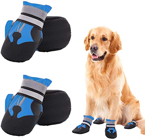 Zuozee Dog Boots Waterproof Outdoor Dog Shoes with Reflective Strip, Anti-Slip Sole Adjustable Pet Booties Dog Paw Protector for Medium to Large Dogs 4Pcs