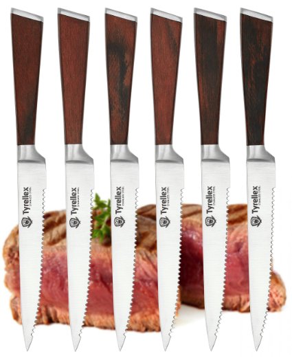 Tyrellex Steak Knives | Premium 6-pc Steak Knife Set with Quality Red Pakkawood Handles in a Wooden Gift Box