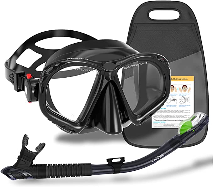 WACOOL Snorkeling Package Set for Adults, Anti-Fog Coated Glass Diving Mask, Snorkel with Silicon Mouth Piece,Purge Valve and Anti-Splash Guard