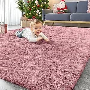 OLANLY Area Rugs for Living Room Bedroom, Machine Washable 4x5.9 Feet Soft Fluffy Shaggy Bedside Rug, Indoor Floor Carpet for Kids Girls Boys, Dorms, Nursery Rooms, Home Decor Aesthetic, Pale Pink