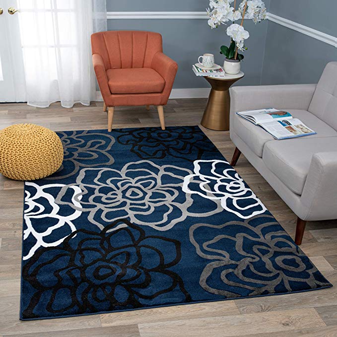 Rugshop Contemporary Modern Floral Flowers Area Rug, 9' x 12', Navy