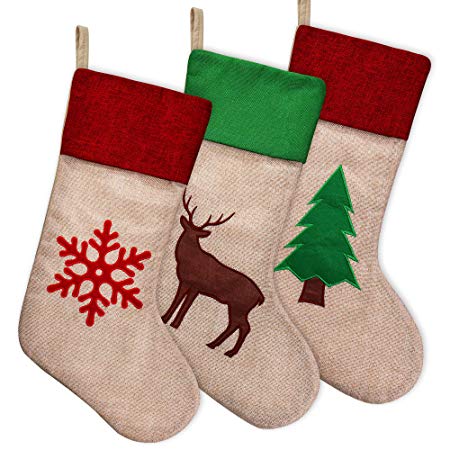 Ivenf Christmas Stockings, 3 Pack 18 Inch Large Green Red Burlap Feel Stockings with Tree Reindeer Snowflake, for Family Holiday Xmas Party Decorations