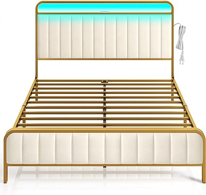 Rolanstar Bed Frame Queen Size with Charging Station and LED Lights, Upholstered Velvet Bed with Headboard Footboard, Heavy Duty Metal Slat, No Box Spring Need, Noise Free, Easy Assembly, Golden Color