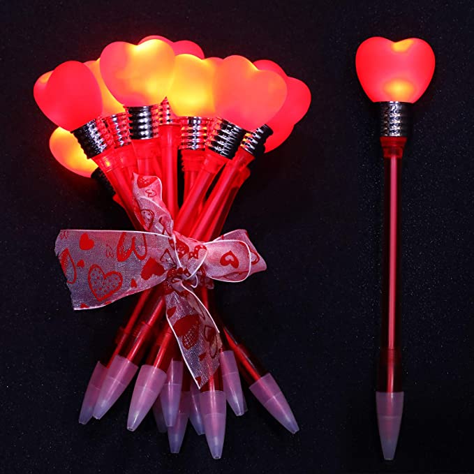 12 Pieces LED Ballpoint Pens Heart Shape Flashing Gel Ink Pens Light Glow in the Dark Pen Valentine's Day Pens Birthday Graduation Party Favors Children Flashing Toys