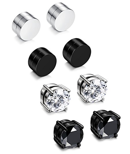 JOERICA 2-4 Pairs Stainless Steel Magnetic Stud Earrings for Men Women Non Piercing Clip on CZ Earrings 6-8MM