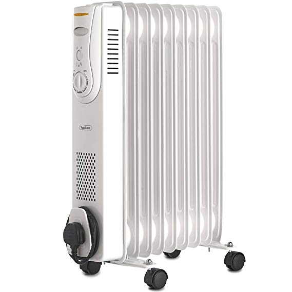 VonHaus Oil Filled Radiator 2KW 9 Fin – Portable Electric Heater – 3 Power Settings & Adjustable Temperature & Tip Over Safety Switch – White 2000W