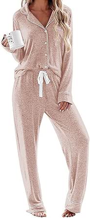 Ekouaer Women's Pajamas Long Sleeve Sleepwear Casual Button Down Loungewear Soft Pjs Set S-XXL