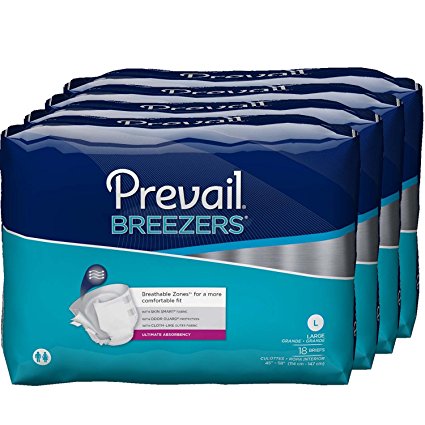 Prevail Breezers Ultimate Absorbency Incontinence Briefs, Large, 18-Count (Pack of 4)