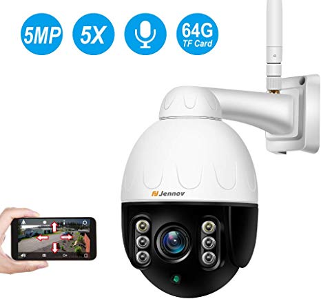 【5MP Two Way Audio PTZ Camera】 Jennov 5MP Wireless WiFi Security IP PTZ Camera Outdoor 2 Way Audio Surveillance Home With 64G SD Card 5X Optical Zoom Motion Detection Night Vision IP66 Waterproof