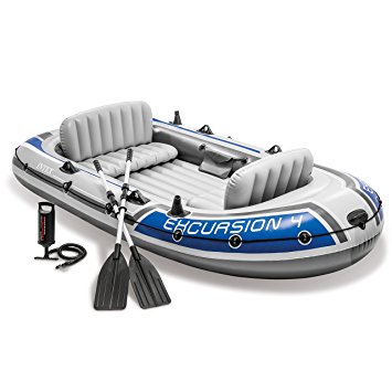 Intex Excursion 4, 4-Person Inflatable Boat Set with Aluminum Oars and High Output Air Pump (Latest Model)