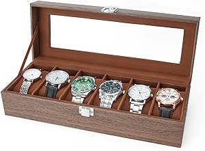 Ohuhu Watch Box for Men, Watch Case 6 Slot Wood Grain PU Leather - Watch Holder Real Glass Lid Jewelry Organizer Storage Soft Velvet Watch Display Case for Men and Women Birthday Mothers Day Gifts