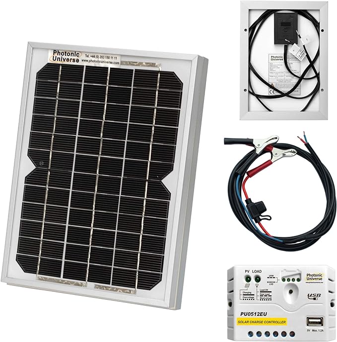 5W 12V Photonic Universe solar panel kit with 5A charge controller and battery cables for a camper, caravan, boat or any other 12V system (5 watt)