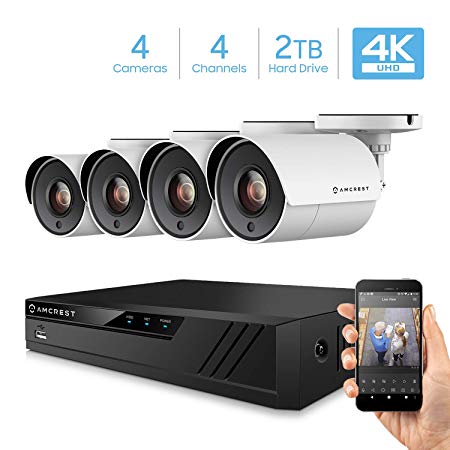 Amcrest 4K Security Camera System 4CH 8MP HD-CVI Video DVR with 4X 4K 8-Megapixel Indoor Outdoor Weatherproof IP67 Cameras, 2TB Hard Drive, 100ft Night Vision, for Home Business (AMDV80M4-4B-W)