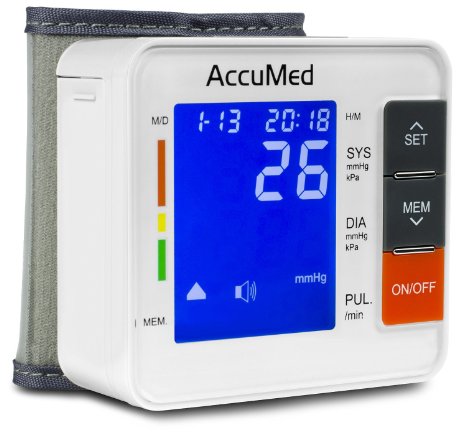 AccuMed ABP801 Portable Wrist Blood Pressure Monitor with One-Touch Intelligent Automatic Measurement White - 4-in-1 Functionality for Systolic  Diastolic BP Heart Rate BPM Hypertension Guide WHO Classification Indicator and Arrhythmia Alerts - Includes Voiced Audio  Silent Mode High-Contrast LCD Display Built-in Storage Memory Clamshell Carrying Case USA Warranty and More FDA Approved with Clinically Proven Professional Accuracy for Home Medical Use