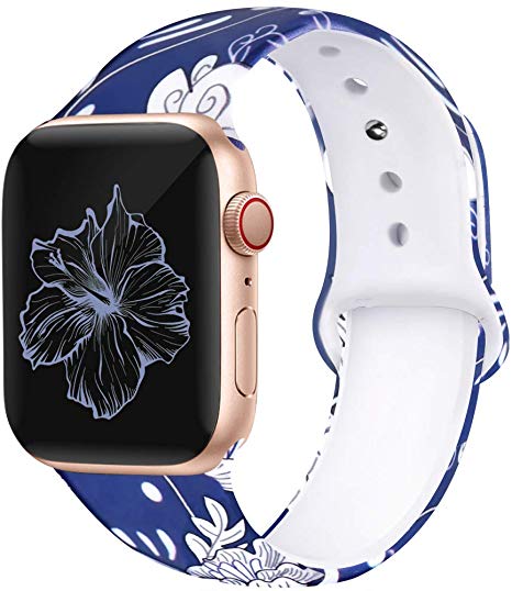 Kaome Floral Bands Compatible with App le Watch Band 38mm 40mm 42mm 44mm, Soft Silicone Fadeless Pattern Printed Replacement Strap Bands for Women, Compatible with iWatch Series 5/4/3/2/1, S/M M/L