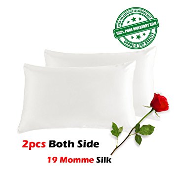 SilkSlip Silk Pillowcases 2PCS 19 Momme Zipper 100% Mulberry Silk White,Queen(20x30 Inch)