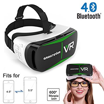 Greatever Bluetooth4.0 3D VR Glasses Virtual Reality Headset VR Box with Adjustable Lens/Focal Distance Pupil Distance and Strap for iPhone7/Samsung iOS Android Smartphone 4.5" to 5.5", for the myopia