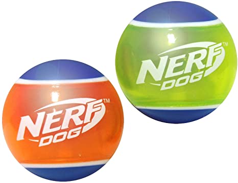 Nerf Dog 2.5in TPR LED Tennis Ball 2-Pack: Blue/Green and Blue/Orange, Dog Toy